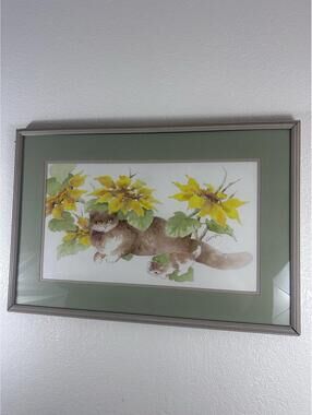 Vintage Framed Cat Watercolor Painting Signed Harrison Floral Art Print